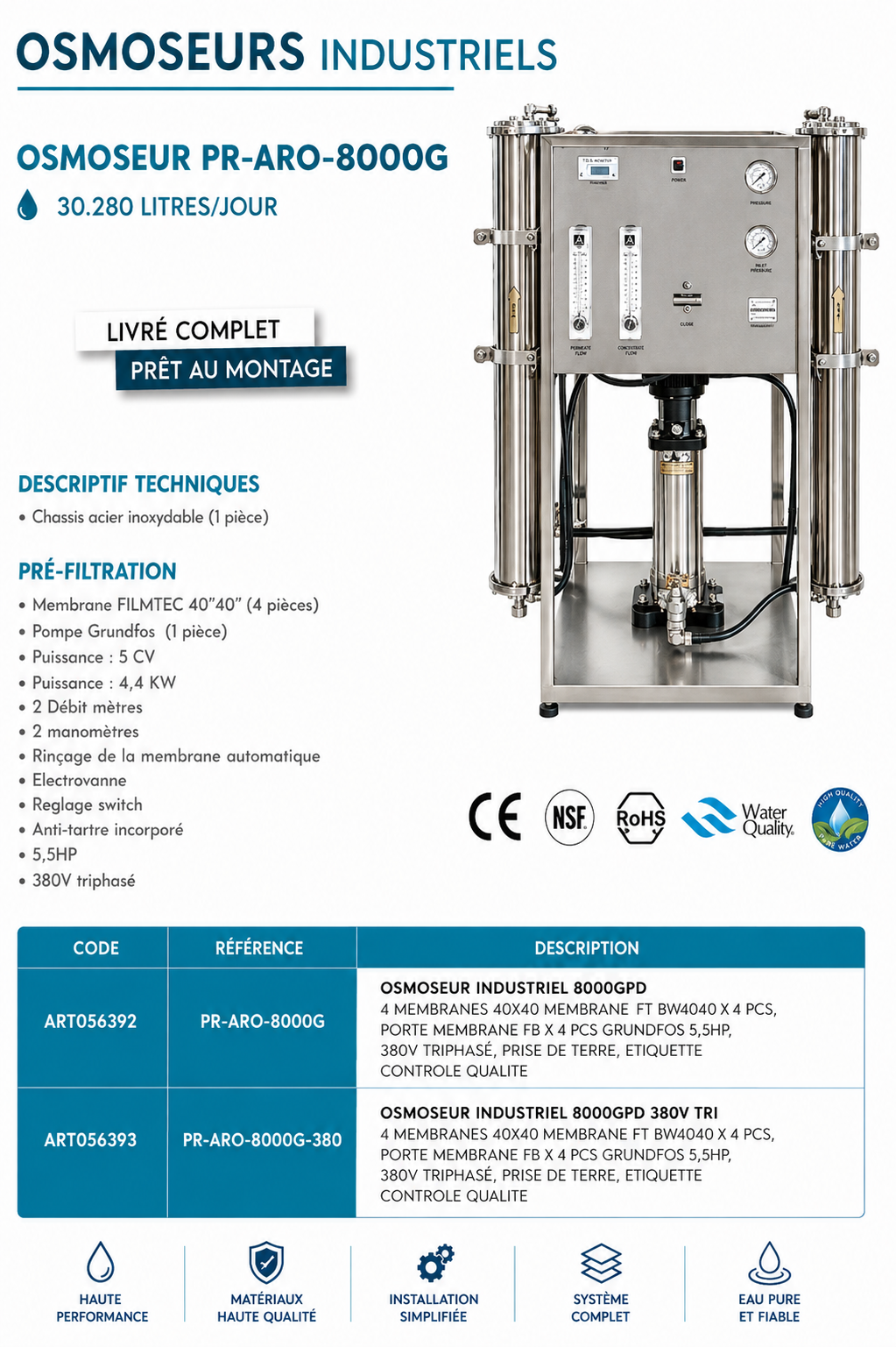 Osmoseur Industriel Aquapro PR-ARO-8000G — 30 280 LitresJour
